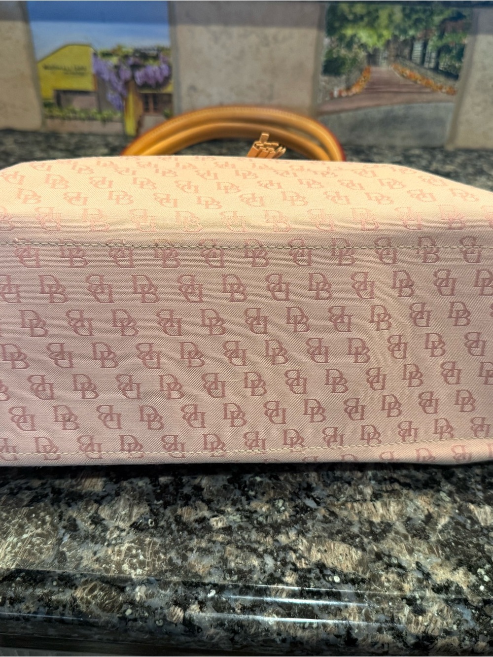 Large Dooney & Bourke Pink Canvas Logo Tote Bag with Tan Leather Trim - Picture 3 of 4